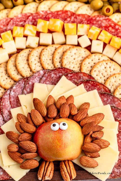 Turkey Themed Charcuterie Board Turkey Antipasto Skewer, Pretzel Turkey Treats, Themed Charcuterie Board, Seasoned Crackers, Thanksgiving Snacks, Best Thanksgiving Recipes, Make Ahead Appetizers, Kettle Chips, Turkey Cheese