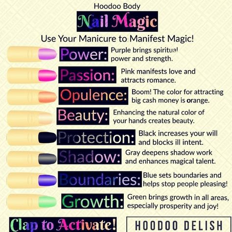 Nail Colors For Manifesting, Witch Nail Color Meaning, What Nail Colors Mean, Nail Color Magick, Nail Magic Witch, Colorful Witchy Nails, Nail Shape Meaning, Acrylic Nail Designs Spiritual, Nail Color Manifestation