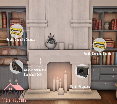 Ffxiv Apartment, Staircase Bookshelf, European Country Home, Lavender Bedding, Parisian Bedroom, Scandinavian Cottage, Ffxiv Housing, Rustic Fireplace, Board And Batten Wall