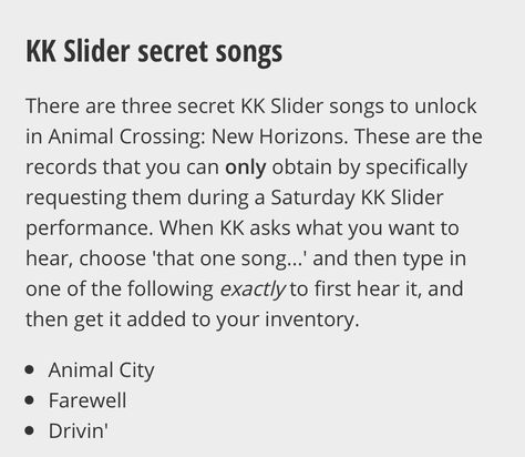 All Kk Slider Songs Acnh, Acnh Kk Slider Song List, Acnh Kk Secret Songs, Animal Crossing Kk Slider Secret Songs, Kk Slider Secret Songs, Kk Slider Songs, Acnh Guide, Acnh Tips, Animal Crossing Music