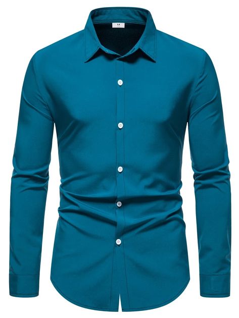 Men Solid Collared Button Up Shirt | SHEIN USA Teal Shirt Outfits Men, Teal Shirt Outfit, Teal Blue Dress, Mens Work Outfits, Eagle Wallpaper, Teal Shirt, Shirt Outfit Men, Formal Shirt Dress, Homecoming Outfits