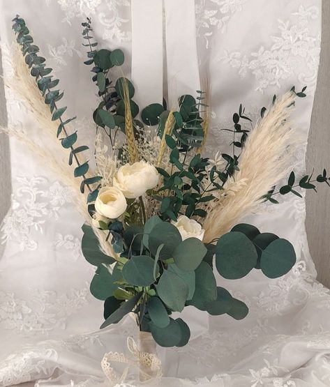 Pampas And Eucalyptus Centerpiece, Bouquet In A Vase, Eucalyptus Wedding Decor, Peony Roses, Matching Bridesmaids, Artificial Peony, Bridesmaids Bouquet, Bohemian Rustic, Baptism Ideas