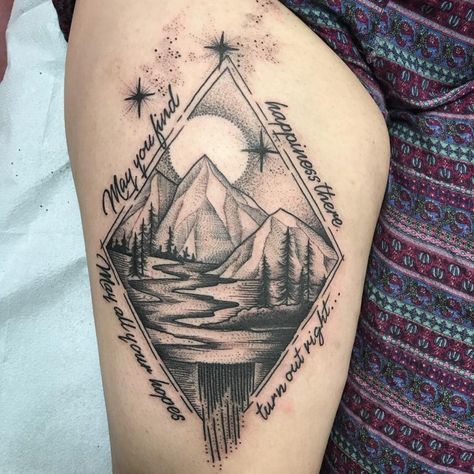 Armpit Tattoo, Tattoo On Thigh, Mountain Tattoo Design, Nouveau Tattoo, Nature Tattoo, Geometric Nature, Beach Tattoo, Sun Tattoos, Memorial Tattoo