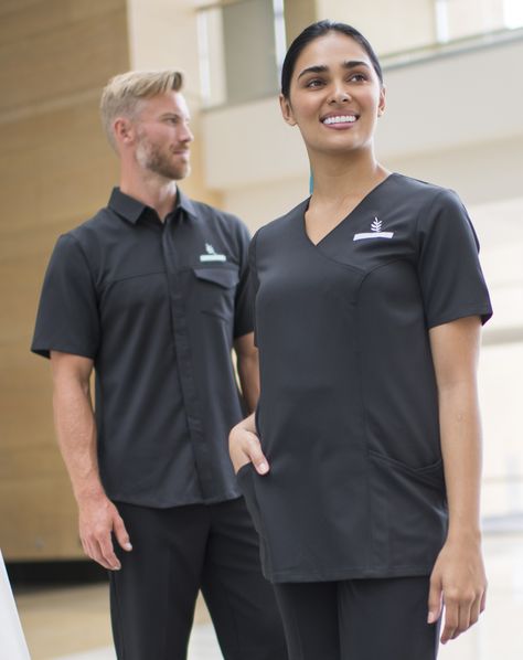 Spa inspired for styles for housekeeping, healthcare, senior living or spa. Cleaning Company Uniform Ideas, Steward Uniform Hotel, Housekeeping Uniform Hotels, House Keeping Uniform, Housekeeping Services, Housekeeping Uniform, Hotel Housekeeping, Company Uniform, Spa Uniform