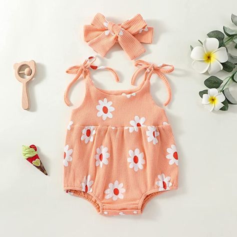 Kupretty Newborn Baby Girl Summer Clothes Sleeveless Strap Daisy Romper Bodysuit Jumpsuit Playsuits Cute Boho Outfit Peach Pink Flower Ribbed Romper, Girls Fit, Summer Baby Clothes, Headband Outfit, Floral Print Rompers, Romper Jumpsuit, Pink Daisy