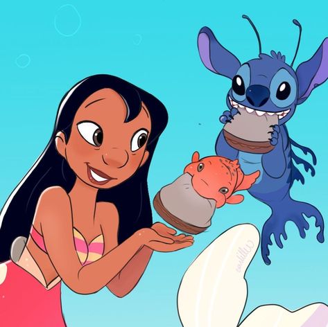 Carla Romero on Instagram: “Day 5 of Mermay! “Lunch break” Here is a grownup Lilo and Stitch mermaids enjoying a p&b sandwich with Pludge, the fish who controls…” Lunch Break, Lilo And Stitch, Growing Up, Mermaid, Fish, Character Design, Disney Princess, Disney Characters, Disney