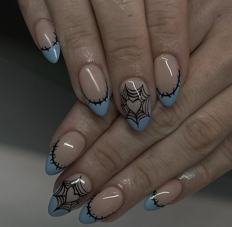 Cute Nail Ideas Short Almond, Almond Halloween Acrylic Nails, Spooky Nails Acrylic Almond, Spooky Eyes Nails, Blue Halloween Nail Designs, Spooky Blue Nails, Spooky Season Nails Simple, Halloween Short Almond Nails, Tim Burton Nails Corpse Bride