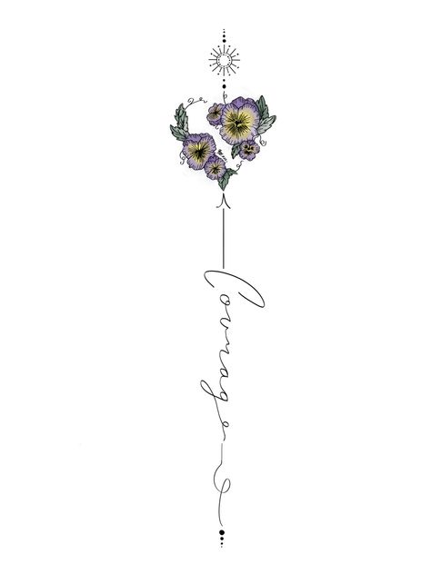 Courage, violets, elegant, back piece, spine tattoo, tattoo, flowers, simplistic Spine Tattoos For Women Colorful, Violet Flower Spine Tattoo, Violet Spine Tattoo, Back Piece Tattoo Design, Madeline Tattoo, Tattoo Courage, Tattoo Down Spine, Name Flower Tattoo, Violet Flower Tattoos