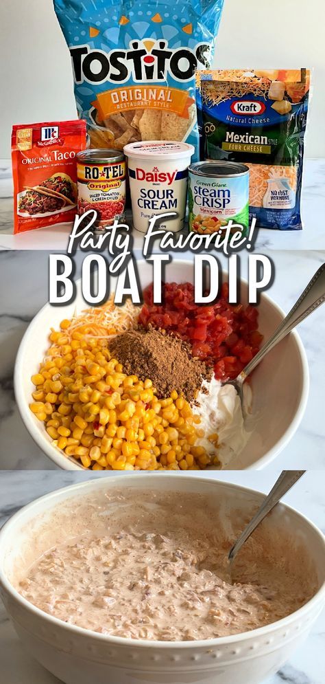 EASY BOAT DIP - Only 5 ingredients to make this fantastic VIRAL DIP  – Sour cream, Rotel (tomatoes and diced green chilies), shredded cheese, corn and a packet of your favorite taco seasoning mix. Sure to be a hit! Always an empty bowl and requests for the recipe! Boat Dip Recipe, Chocolate Appetizers, Boat Dip, Easy Boat, Cold Dip Recipes, Corn Dip Recipes, Taco Seasoning Mix, Taco Mix, Puff Pastry Appetizers