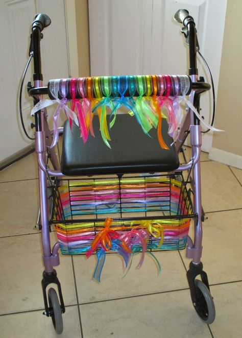 I decorated my walker with ribbons and wove them into the black mesh basket... Walker Decorations Decorating Ideas, Front Garden Bed, Walker For Seniors, Nursing Home Activities, Walker Accessories, Wooden Walking Canes, Elderly Activities, Activity Director, Mobility Aids