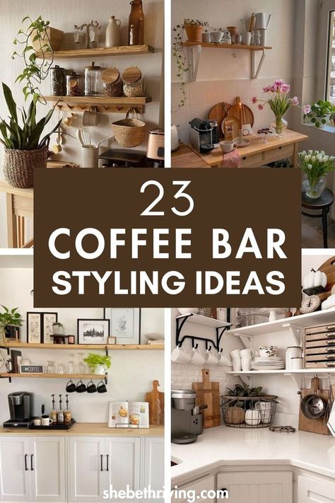 coffee bar styling Bar Styling Ideas, Cute Coffee Bar, Coffee Bar Styling, Kitchen Counter Design, Home Setup, Coffee Bar Ideas, Home Coffee Stations, Bar Styling, Cute Coffee