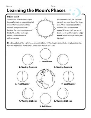 Moon Phases Worksheet | Worksheet | Education.com Moon Phases Worksheet, Moon Worksheet, Moon Lessons, Moon Phases Activities, Moon Activities, Waning Crescent, The Moon Phases, Third Grade Science, Counting Games