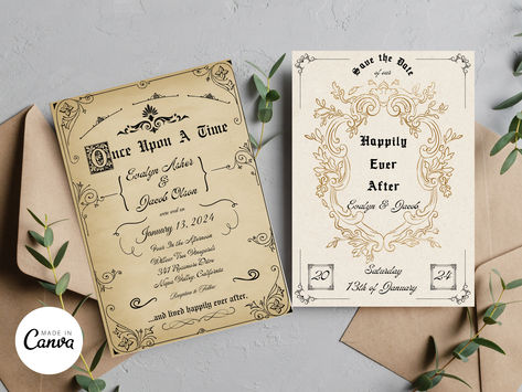 Boho Gold Designs #wedding #vintagewedding #fairytalewedding #weddinginvites Wedding Invites Disney, Happily Ever After Wedding Invitations, Literary Wedding Theme, Whimsical Wedding Stationery, Once Upon A Time Wedding, Book Themed Wedding Invitations, Storybook Invitation, Fairytale Invitation, Fairytale Storybook