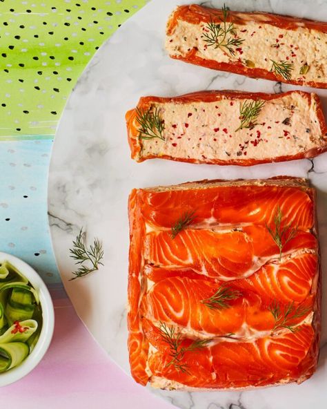 Lemon and pink peppercorn cured trout terrine Cured Trout, Salmon Blinis, Salmon Terrine, Crab Linguine, Hygge Holiday, Christmas Starters, Recipes Notes, Lemon Vinegar, Christmas Recipe Ideas