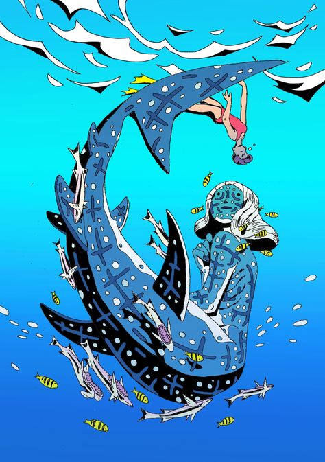 whale shark + remora, salamispots on tumblr Types Of Mermaids, Shark Mermaid, Shark Drawing, Creepy Monster, Mermaid Sticker, Fish Drawings, Whale Shark, Creature Concept, Illustration Artists