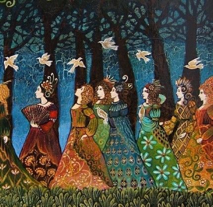 Twelve Women with Birds Mythological Goddess Art 11x14 Print Psychedelic Fairy… Sacred Grove, Dancing Princess, Twelve Dancing Princesses, Princess Illustration, 12 Dancing Princesses, Fairytale Illustration, Fairytale Art, Goddess Art, Childrens Stories