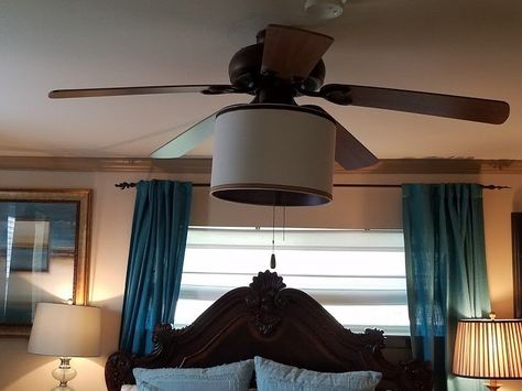 Ceiling fans are necessary items here in Houston, Texas.  But sometimes they are not the prettiest things to look at.   The glass shades on my ceiling fan were dated.  I wanted to update the fan for minimal cost.    Here is what I used:1. Lamp shade (already had)2. Brown and tan ribbons (already had). I used fabric glue to attach the ribbons on top and bottom of lampshade.3. Remove the old glass shades.4. Unscrew that nut from the middle fan and add the two connectors (coupling and thr… Ceiling Fan Diy, Gold Lamp Shades, Pink Lamp Shade, Rustic Ceiling Fan, Old Lamp Shades, Pleated Lamp Shades, Barn Party, Lamp Shade Frame, Antique Lamp Shades