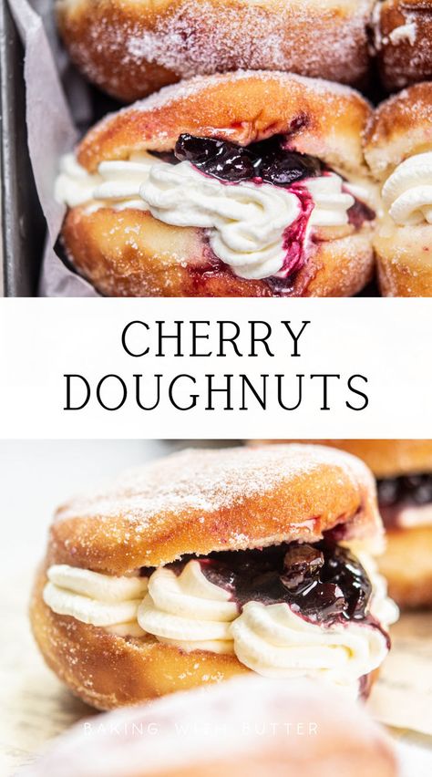 These fluffy cherry doughnuts are lavishly filled with whipped cream and homemade cherry preserves. All in a soft enriched doughnut base. Cherry Preserves, Homemade Donuts Recipe, Cherry Filling, Filled Donuts, Homemade Pastries, Cherry Recipes, Homemade Donuts, Doughnut Recipe, Baked Donuts