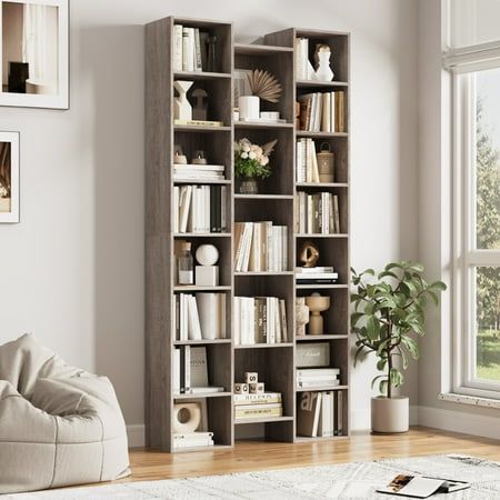 Homfa  21-Cube Bookcase and Bookshelves with Adjustable Shelves, Triple Width Open CD Display Storage Rack, Oak Cd Display, Tall Bookshelf, Wide Bookcase, Tall Bookshelves, Library Bookshelves, Clean Your Room, Open Bookshelves, Cube Bookcase, Furniture Bookshelves