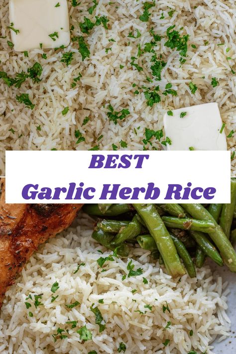 A bowl of garlic herb rice topped with minced fresh parsley. Garlic Herb Rice Recipe, Garlic Herb Rice, Starchy Sides, Herb Rice, Herbed Rice, Baked Turkey Wings, Rice Side Dish Recipes, Rice Side, Rice Side Dishes