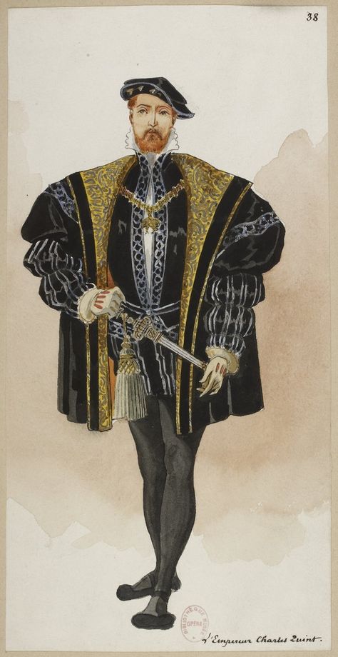 L'empereur Charles Quint (1890), costume design by Charles Bianchini (1860-1905), for “Ascanio” (1888), by Camille Saint-Saëns (1835-1921). Charles Bianchini, Costume Design Sketch, Warhammer Fantasy Roleplay, Medieval Manuscript, Medieval Clothing, Illustration Fashion Design, Medieval Fashion, Historical Art, Romantic Art