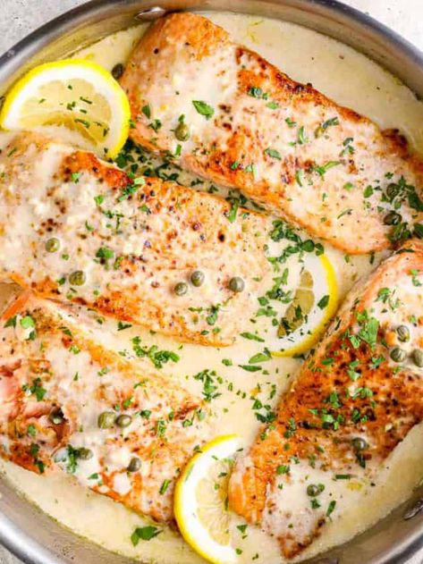 Salmon Piccata Recipe, Bacon Pasta Salad Recipes, Salmon Piccata, Creamy Salmon, Piccata Recipe, Enchilada Casserole Recipes, Frozen Salmon, The Cookie Rookie, Cookie Rookie