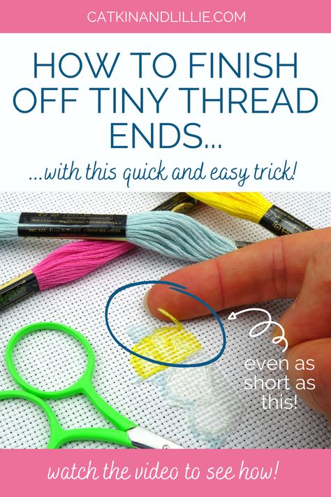 Have you ever managed to eke out those last few cross stitches with a piece of thread...but then have no idea how to finish off the tiny end of thread that is left? Good news...there is a really easy trick to run that little bit of floss under some stitches to secure it. Watch the video to see how simple it is! How To Finish Small Cross Stitch Projects, Learn To Cross Stitch, How To Tie Off Cross Stitch, Cross Stitch Finishes With A Flat Fold, How To End Cross Stitch Thread, Cross Stitch Hacks Tips, How To Cross Stitch On Linen, Floss Drops Diy, Crossstitch Ideas Easy