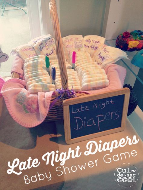 LATE NIGHT DIAPERS BABY SHOWER GAME...Fun baby shower game and gift basket of diapers for the mom-to-be! | CULDESACCOOL.COM Fiesta Shower, Funny Baby Shower Games, Boy Baby Shower Ideas, Late Night Diapers, Fun Baby Shower Games, Shower Bebe, Baby Shower Diapers, Baby Shower Planning, Baby Diy