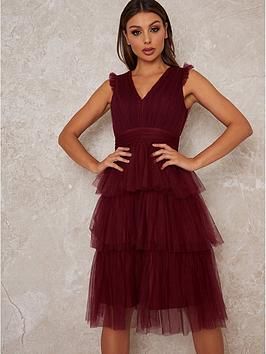 Chi chi london tiered dress size & fit true to size - order your usual size fitted bodice and waistband Midi Skirt Fits, Skirt Making, Tulle Midi Dress, Tulle Midi Skirt, Layered Tulle Skirt, London Dress, Chi Chi London, Rich Burgundy, Ruffle Midi Dress