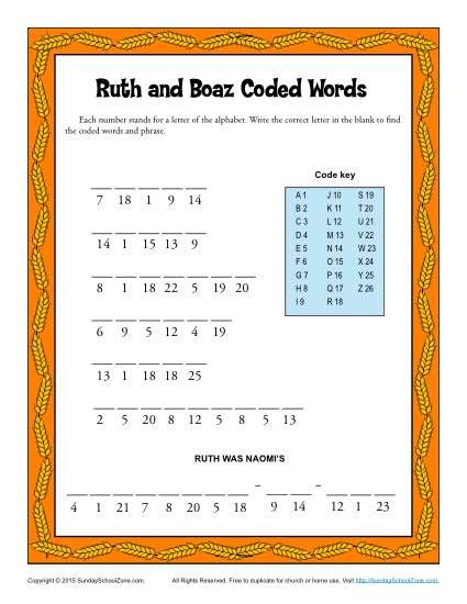 Ruth and Boaz Coded Words Ruth Bible Craft, Ruth And Boaz, Sunday School Activities For Kids, School Activities For Kids, Childrens Bible Activities, Ruth Bible, English Trifle, Ruth And Naomi, Bible Word Searches