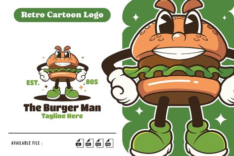 The Burger Man Retro Logo, ft. retro & mascot - Envato Elements Burger Character Design, Burger Logo, Brand Mascot, Retro Mascot, Epic Heroes, Logos Retro, Mascot Logo Design, Epic Hero, Comic Cartoon