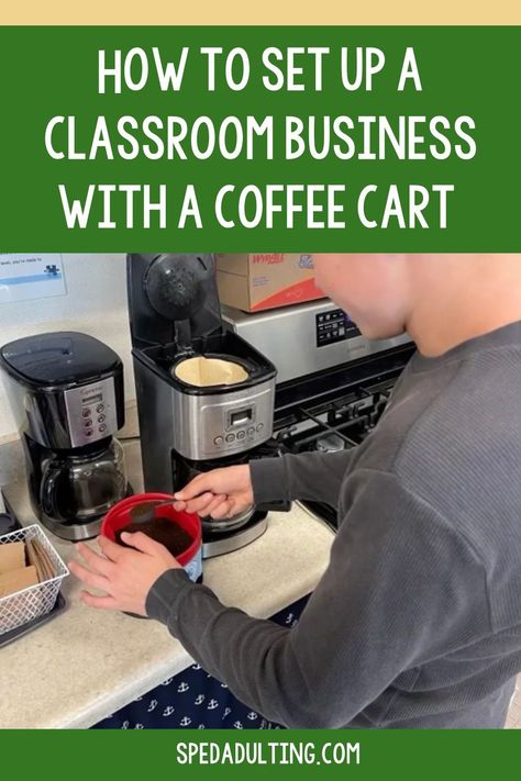 Having a classroom-based business in your special education classroom has so many benefits. It allows students to practice vocational skills, independence, money math skills, cooking skills and more. If you are looking for a great school-based business idea for your special education students, a coffee cart is the perfect place to start. Here you will learn how to set up and run a coffee cart business in your school along with helpful tips for running a student-based business in your school. Cooking Special Education, Classroom Coffee Shop, Classroom Business Ideas, Coffee Cart Business, Vocational Activities, Teacch Tasks, Vocational Tasks, Work Bins, High School Special Education