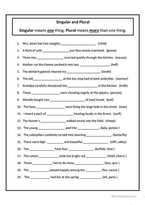 Singular and Plural - English ESL Worksheets for distance learning and physical classrooms Plurals Worksheets, Plural Nouns Worksheet, 6th Grade English, Singular Plural, 6th Grade Worksheets, Materi Bahasa Inggris, Singular And Plural Nouns, English Grammar Exercises, Bahasa China