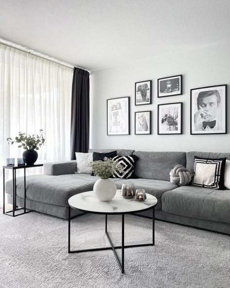 Couch For Grey Walls, Living Room Grey Designs, Blue Sofa Grey Carpet Living Room Ideas, Black And Grey Color Palette Living Room, Grey Living Room Apartment Ideas, Interior Design Grey Walls, Living Room Design Grey Couch, Grey Palette Living Room, Living Room Designs Grey And White