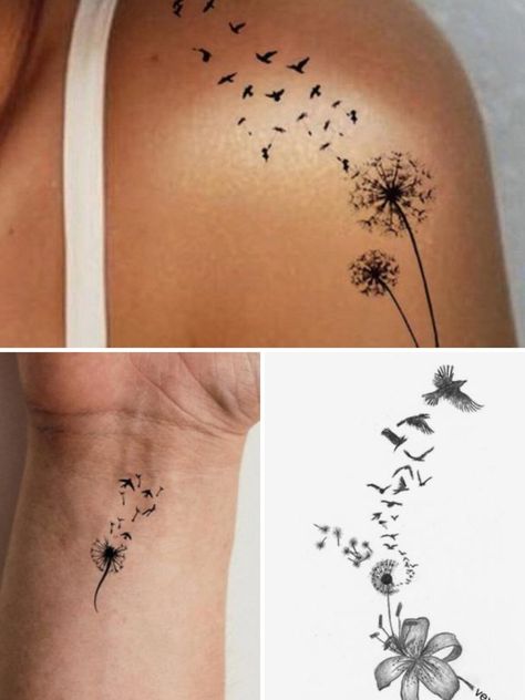 Dazzling Dandelion Bird Tattoo Ideas & It's Meaning - Tattoo Glee Dandelion Bird Tattoos, Bird Tattoo Ideas, Dandelion Tattoo Meaning, Black And White Flower Tattoo, Small Words Tattoo, Dandelion Tattoo Design, Small Bird Tattoos, Little Bird Tattoos, Bird Tattoo Meaning