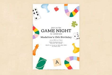 Game Night Fun Game Night Birthday Party Invitation Board - Etsy Game Night Birthday Party, Bord Games, Night Birthday Party, Board Game Party, Game Night Parties, Fun Invitations, Back To School Party, Invite Template, Birthday Party Invitation