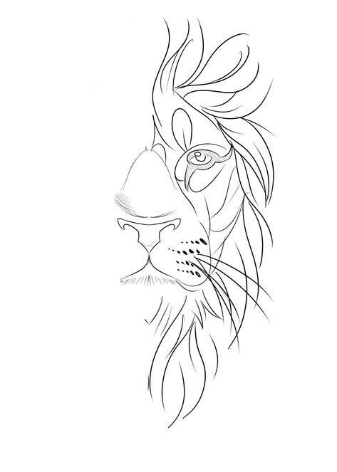 Cool Lion Drawings, Line Art Lion Tattoo, Geometric Lioness Tattoo, Lion Simple Tattoo, One Line Lion Tattoo, Half Lion Tattoo, Lion Tattoo Simple, Lion Doodle, Lion Drawing Simple