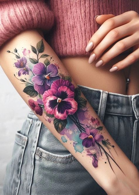 Purple Roses Tattoo Design, Watercolor Small Tattoo, Forearm Color Tattoo Women, Cross Body Tattoo, Watercolor Wildflower Tattoo, Flower Forearm Tattoos For Women, Flower Arm Tattoos For Women Forearm, Flower Forearm Sleeve, Lover Boy Tattoo