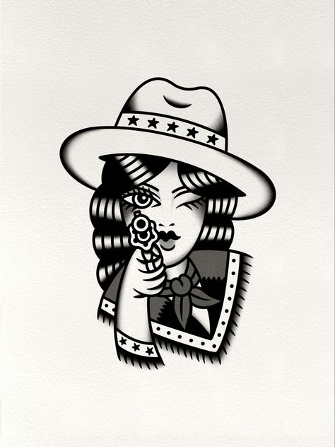 Cowgirl Tattoo, Traditional Tattoo Black And White, Traditional Tattoo Woman, Traditional Black Tattoo, Traditional Tattoo Flash Art, Cowgirl Tattoos, Tattoo Apprenticeship, Traditional Style Tattoo, Western Tattoos