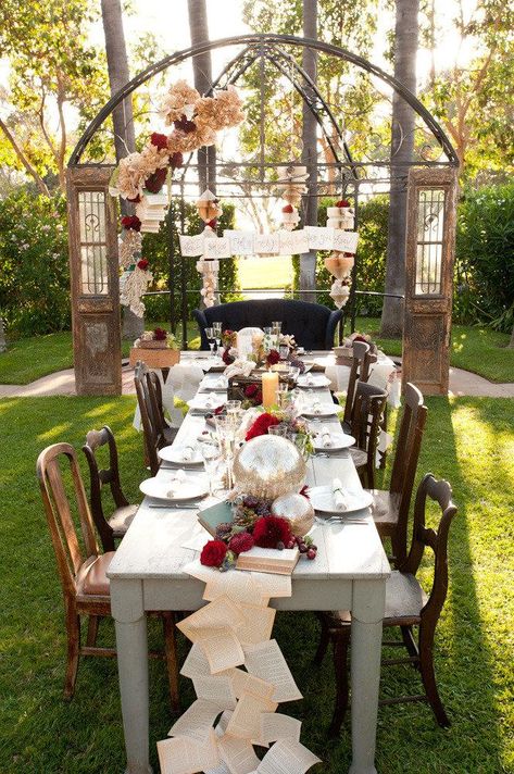 Shakespeare In Love Rehearsal Dinner from LVL Weddings & Events + Inviting Occasions + Studio EMP Rehearsal Dinner Inspiration, Outdoor Dinner Party, Punk Wedding, Steampunk Party, Literary Wedding, Alice In Wonderland Wedding, Antique Windows, Vintage Fairy, Outdoor Dinner