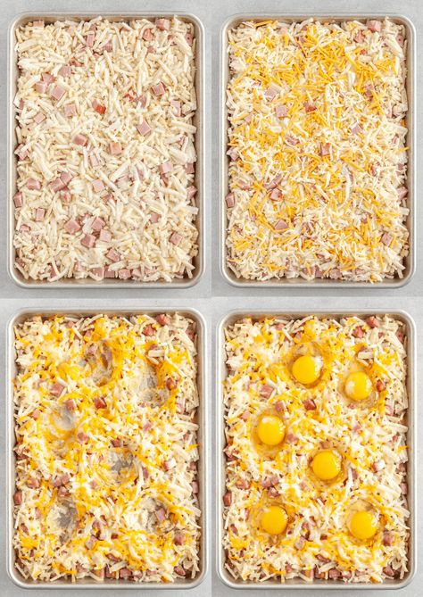 This Sheet Pan Breakfast Bake has everything you need for a tasty breakfast all on a single sheet pan! Eggs, hash browns, cheese, and ham! Sheet Pan Egg Meal Prep, Sheet Pan Egg In A Hole, Sheet Pan Eggs And Hashbrowns, One Sheet Pan Breakfast, Sheet Pan Hashbrown Breakfast Bake, Breakfast Casserole 9x9 Pan, Eggs On Cookie Sheet In Oven, Sheet Pan Breakfast Casserole, Sheet Pan Eggs Breakfast