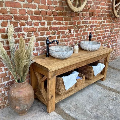 Home Made Bathroom Vanity, Cedar Vanity Bathroom, Diy Double Vanity Bathroom, Wood Countertops Bathroom, Farmhouse Double Sink, Barn Door Vanity, Wooden Bathroom Countertop, Small Rustic Bathrooms, Reclaimed Wood Bathroom