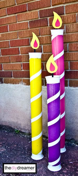 DIY Giant Birthday Candles ~ made from Thick cardboard tubes... fun idea to decorate for a birthday party! This would also be Great for Christmas Decorations with a HaPpy bIrThDaY Jesus sign♥ Billy B, Christmas Board, Christmas Float, Happy Birthday Jesus, Christmas Pink, Fun Birthday Party, Pony Party, Birthday Special, Candy Christmas