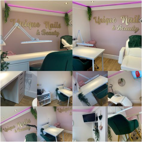 Small Nail And Lash Salon Ideas, Green Nail Room Ideas, Green Nail Salon Decor, Small Brow Studio Ideas, Green Nail Room, Lash And Nail Room Ideas, Beauty Shed Salon Ideas, Green Nail Salon, Shed Salon Ideas