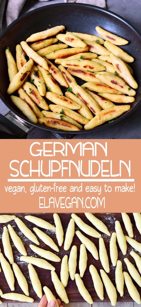 These are the best vegan and gluten-free German Schupfnudeln. These hearty potato noodles are very popular in Germany and Austria, and they can be combined with lots of savory dishes. #schupfnudeln #potatonoodles #potatodumplings #elasrecipes | elavegan.com Gluten Free Dumplings, Gluten Free Gnocchi, Vegan Dumplings, Potato Noodles, Gluten Free Sides, Gluten Free Potatoes, Gluten Free Sides Dishes, Vegan Potato, Gluten Free Dinner