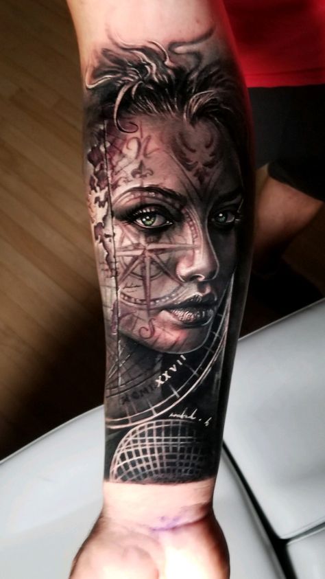 My new baby done by Arlo DiCristina Morph Tattoo, Arlo Dicristina, Catrina Tattoo, Pirate Tattoo, Girl Face Tattoo, Geniale Tattoos, Tattoo Girl, 3d Tattoo, Face Tattoos