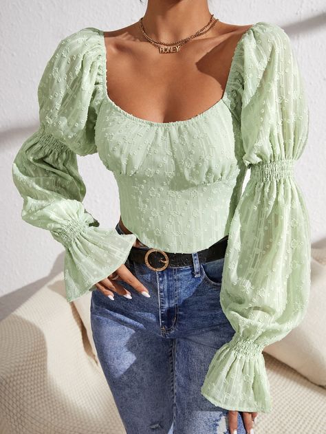 Mint Green Boho  Long Sleeve Polyester Plain Top  Non-Stretch Spring/Summer Women Tops, Blouses & Tee Backless Top, Boho Green, Plain Tops, Flounce Sleeve, Women Blouses, Women Tops, Square Neck, Criss Cross, Summer Women