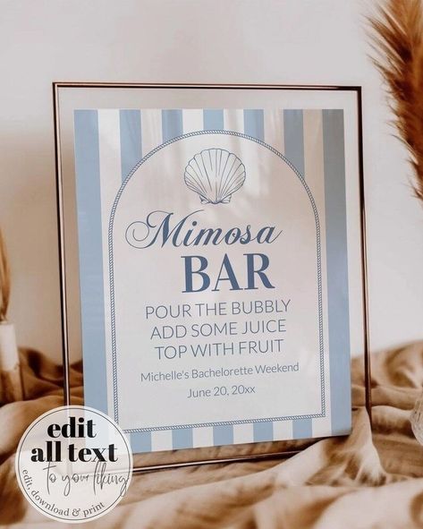 Elevate your coastal bachelorette with our editable Mimosa Bar Sign template! Embrace beachy vibes and nautical flair with this easy-to-edit, download, and print design. Perfect for a Miami or Hampton-inspired bash, this stylish sign will set the scene for a memorable celebration.⁣ ⁣ ⁣ #bachelorette #bachelorettemiami #miamibachelorette #bacheloretteparty #lasttoast #oncoast #coastalbachelorette #coastalbach #mimosabar #eventplanner Bachelorette Mimosa, Mimosa Drink, Mimosa Sign, Coastal Bachelorette, Bachelorette Cocktails, Nautical Bachelorette Party, Bar Menu Template, Nautical Bachelorette, Menu Printable