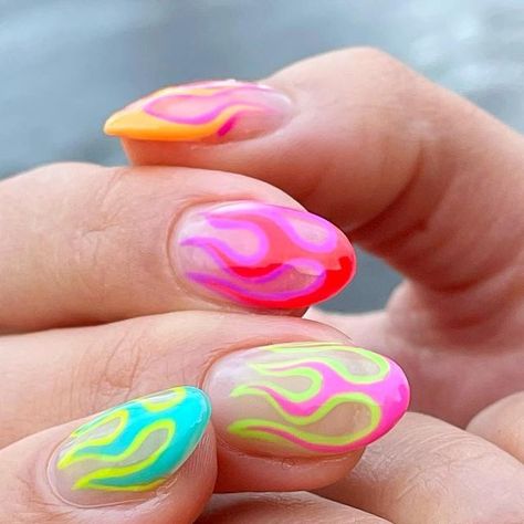 Michelle Humphrey 💅🏽 on Instagram: "🔥HOT ROD! 🔥 Neon flames for my angel @nawalalalalal @getbeyou 🔥   Prepped using @staleks_official_usa  @staleks_official   #nails #nailart #flamenails #neonnails #brightnails #manicure #getbeyou #handpaintednailart #notd #fire #flames #hotrodnails #fireitup" Lava Nails, Neon Flames, Official Nails, Random Nails, Flame Nails, 2024 Nails, Fire Flames, Airbrush Nails, Painted Nail Art