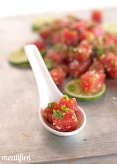 Ahi Tuna Ceviche with Sesame and Mint from http://meatified.com Tuna Ceviche, Paleo Fish, Mini Hamburgers, Ceviche Recipe, Ahi Tuna, Primal Paleo, Fish And Seafood, I Love Food, Appetizer Snacks